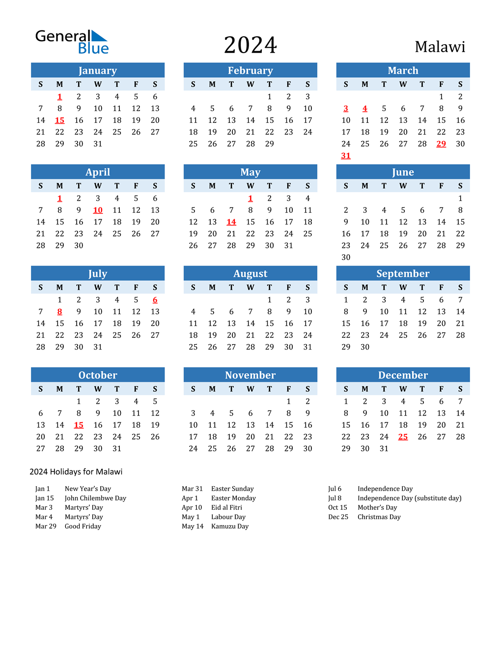 2024 Malawi Calendar with Holidays