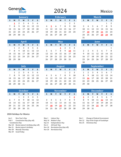Printable Calendar 2024 with Mexico Holidays
