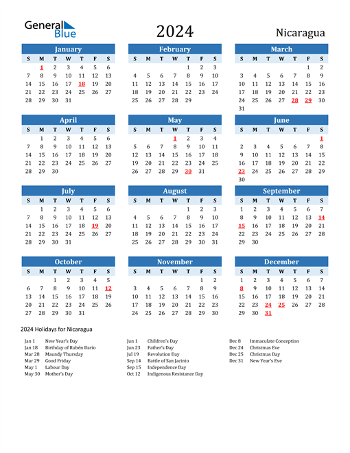 Printable Calendar 2024 with Nicaragua Holidays