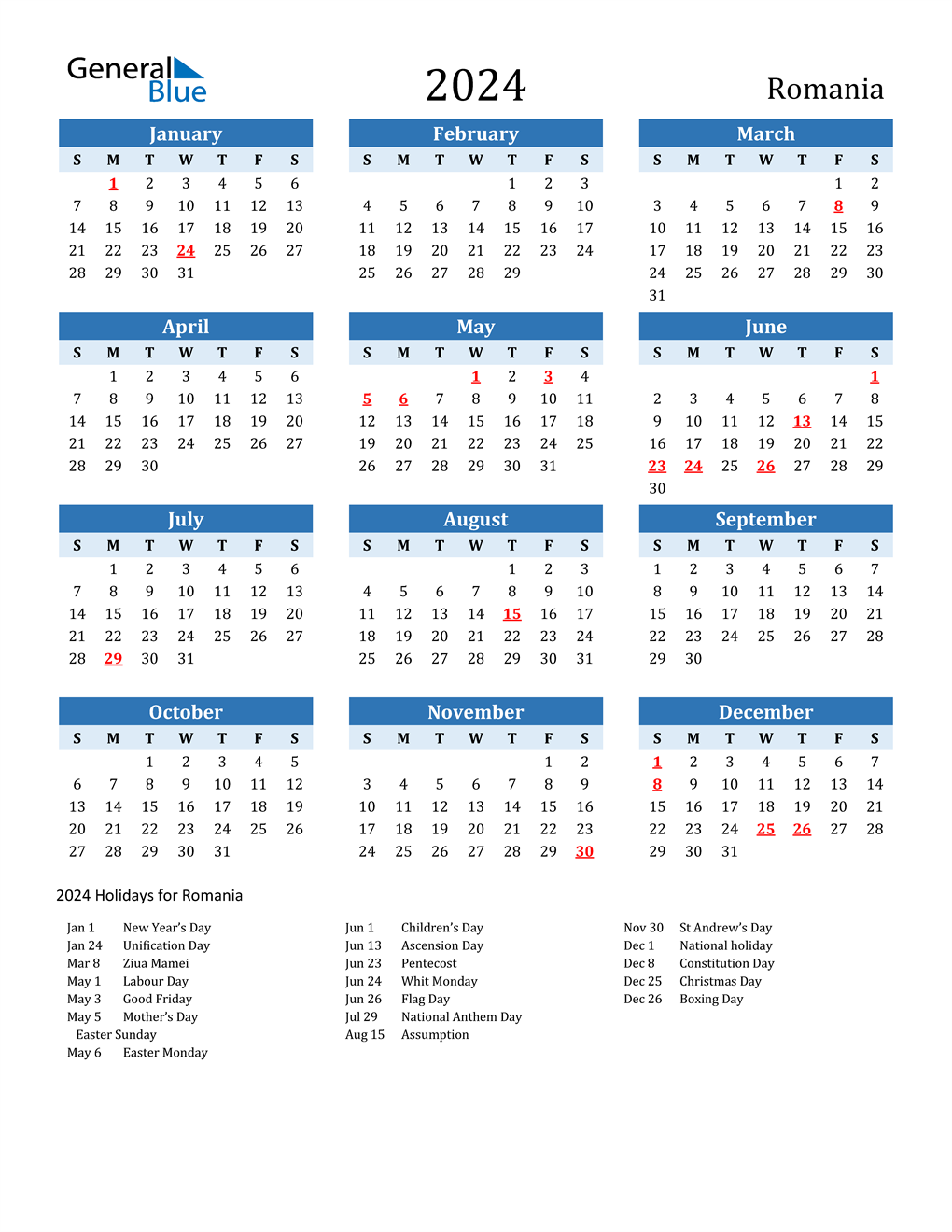 2024 Romania Calendar with Holidays