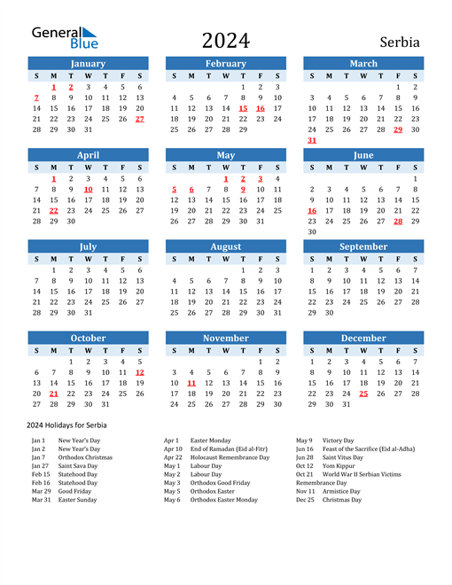 2024 Serbia Calendar with Holidays