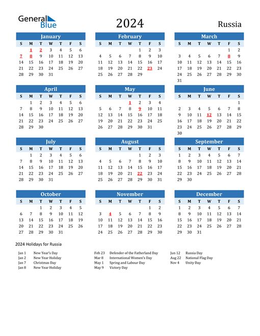 Printable Calendar 2024 with Russia Holidays