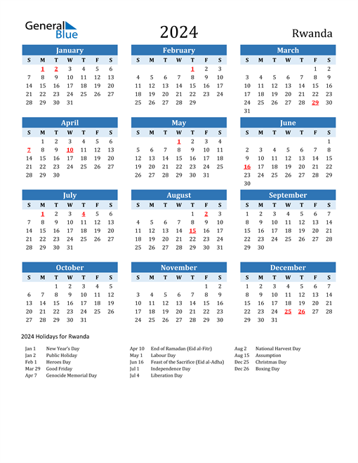 Printable Calendar 2024 with Rwanda Holidays