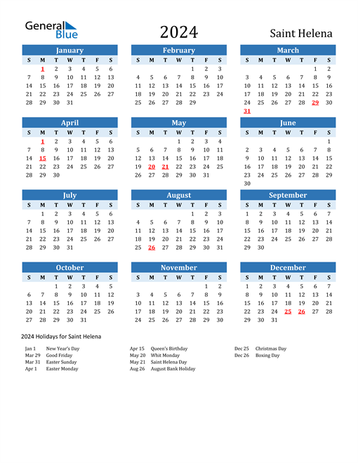Printable Calendar 2024 with Saint Helena Holidays