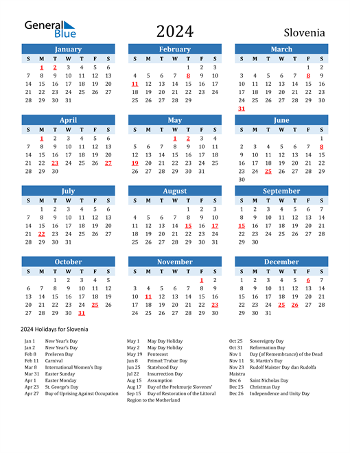 Printable Calendar 2024 with Slovenia Holidays