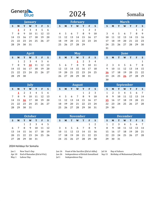 Printable Calendar 2024 with Somalia Holidays