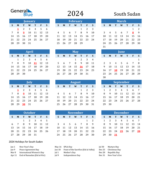 Printable Calendar 2024 with South Sudan Holidays