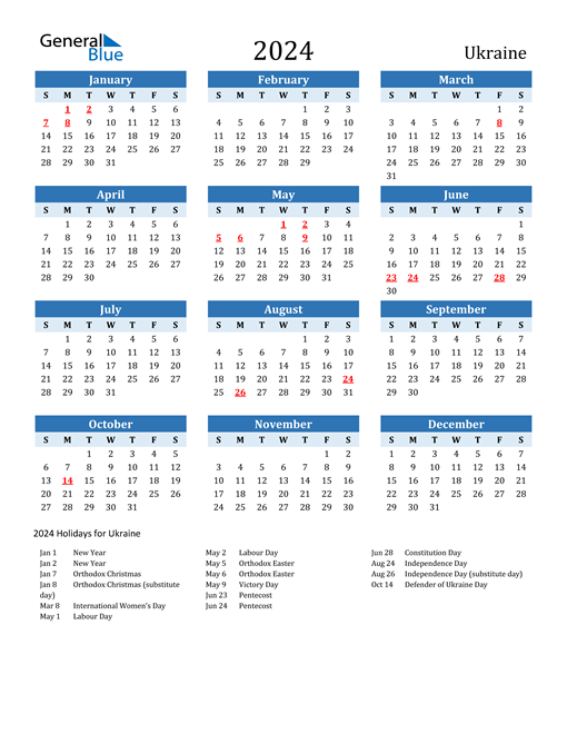 Printable Calendar 2024 with Ukraine Holidays