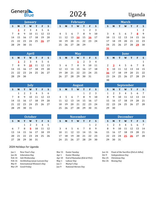 Printable Calendar 2024 with Uganda Holidays