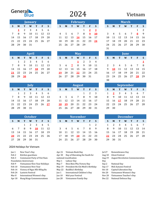 2024 Vietnam Calendar with Holidays