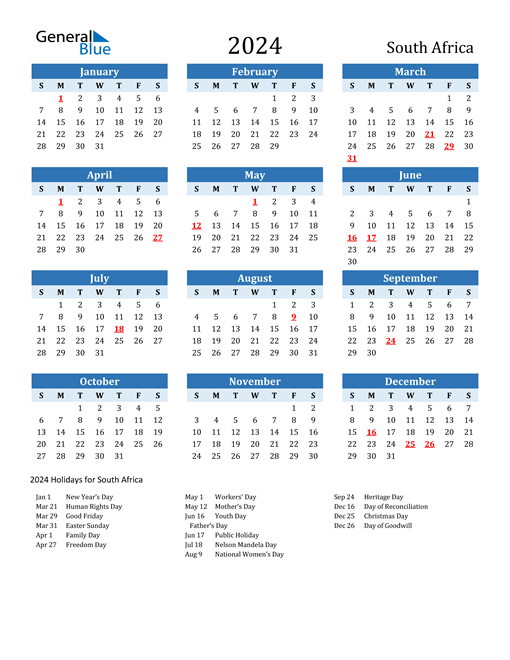 2024 South Africa Calendar with Holidays