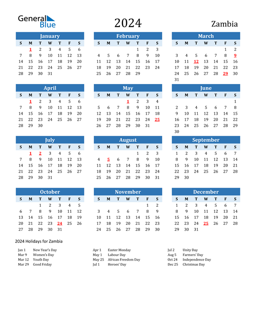 Printable Calendar 2024 with Zambia Holidays