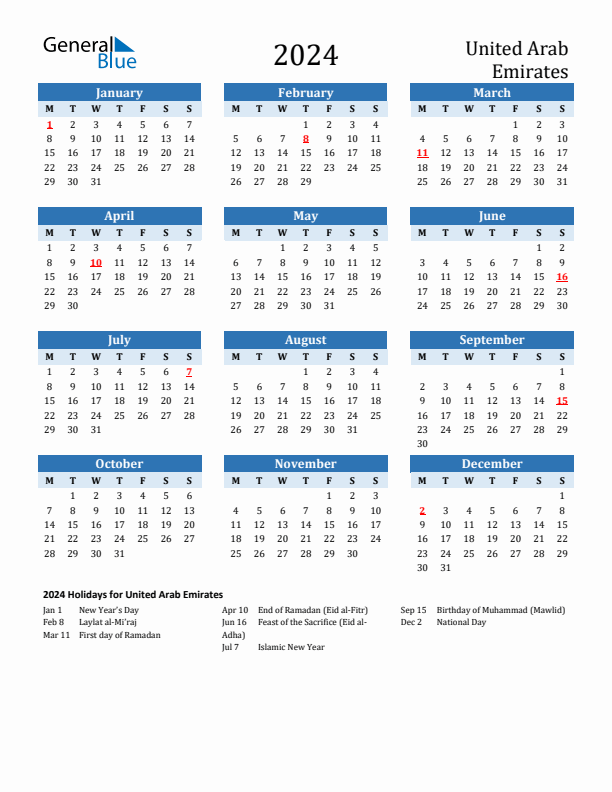 Printable Calendar 2024 with United Arab Emirates Holidays (Monday Start)