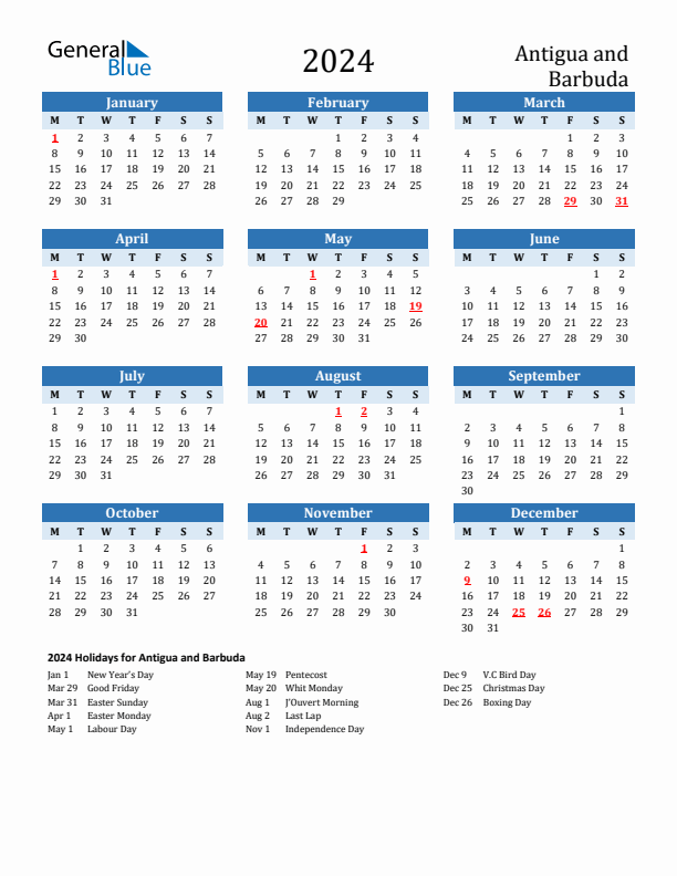 Printable Calendar 2024 with Antigua and Barbuda Holidays (Monday Start)