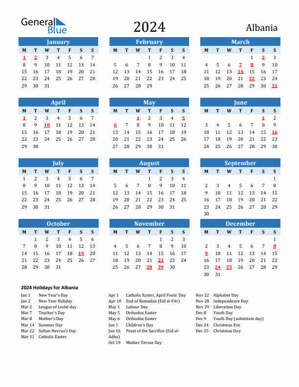 Printable Calendar 2024 with Albania Holidays (Monday Start)