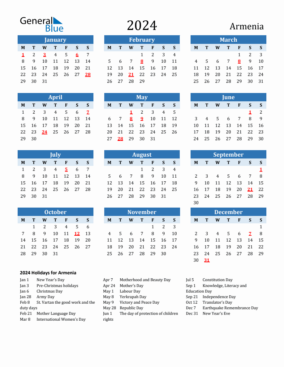 2024 Printable Calendar with Armenia Holidays