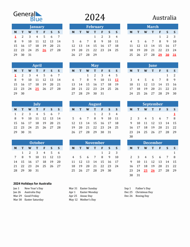 Printable Calendar 2024 with Australia Holidays (Monday Start)