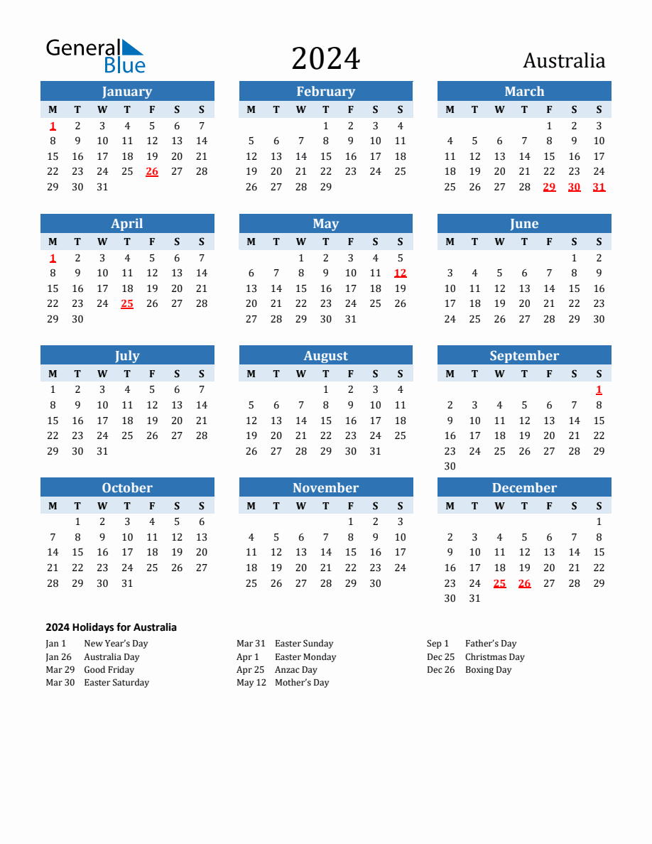 2024 Printable Calendar with Australia Holidays