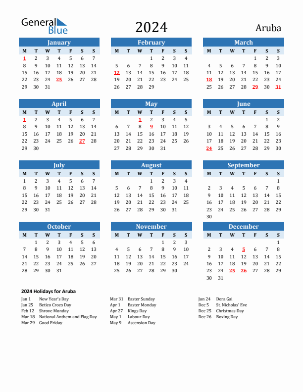 Printable Calendar 2024 with Aruba Holidays (Monday Start)