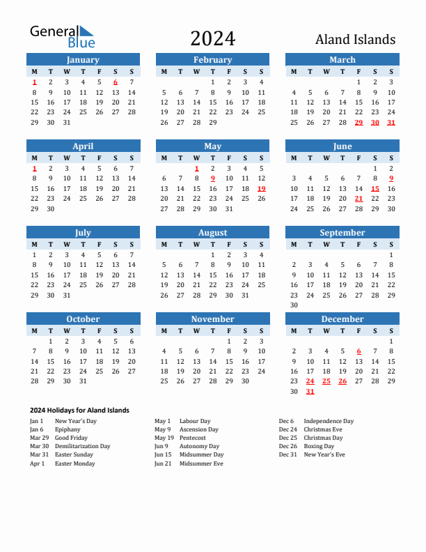Printable Calendar 2024 with Aland Islands Holidays (Monday Start)