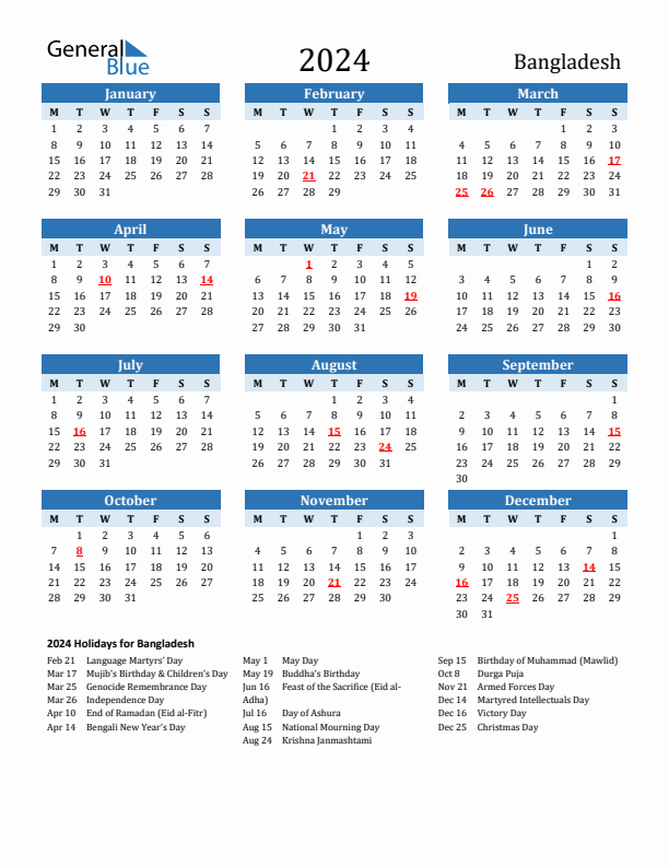 Printable Calendar 2024 with Bangladesh Holidays (Monday Start)