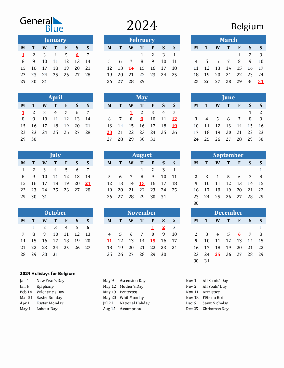 2024 Printable Calendar with Belgium Holidays