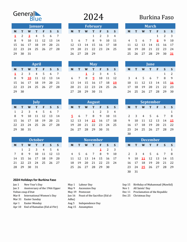 Printable Calendar 2024 with Burkina Faso Holidays (Monday Start)