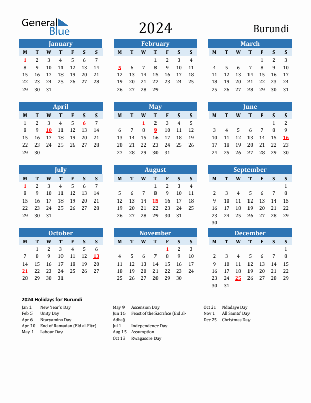 Printable Calendar 2024 with Burundi Holidays (Monday Start)