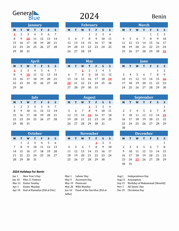 Printable Calendar 2024 with Benin Holidays (Monday Start)