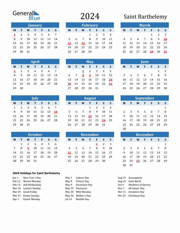 Printable Calendar 2024 with Saint Barthelemy Holidays (Monday Start)
