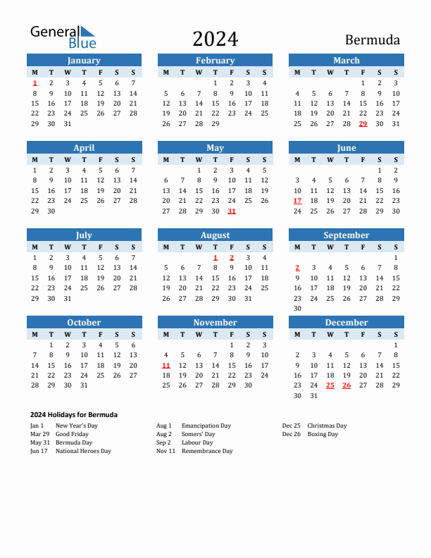 Printable Calendar 2024 with Bermuda Holidays (Monday Start)