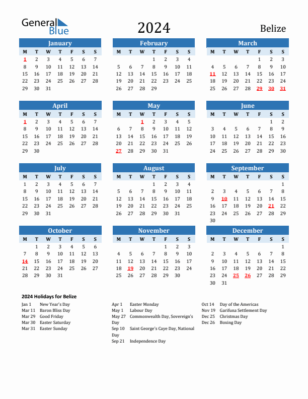 Printable Calendar 2024 with Belize Holidays (Monday Start)