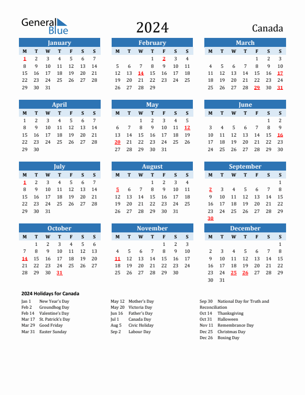 Printable Calendar 2024 with Canada Holidays (Monday Start)