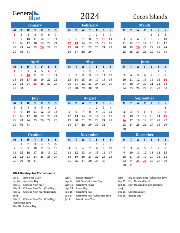 Printable Calendar 2024 with Cocos Islands Holidays (Monday Start)