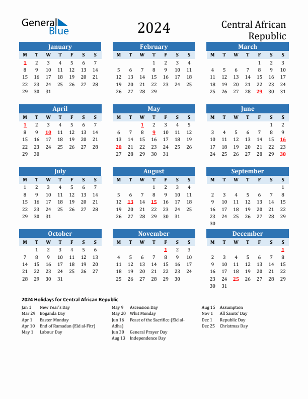 Printable Calendar 2024 with Central African Republic Holidays (Monday Start)