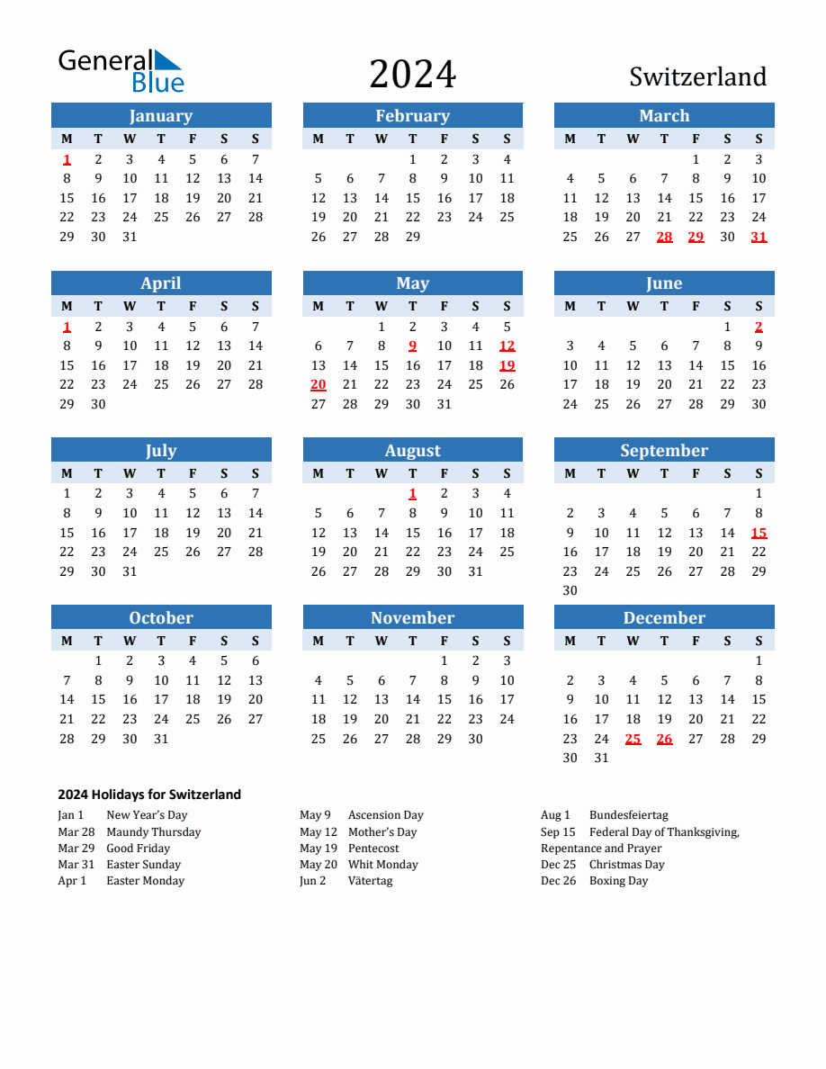 2024 Printable Calendar with Switzerland Holidays