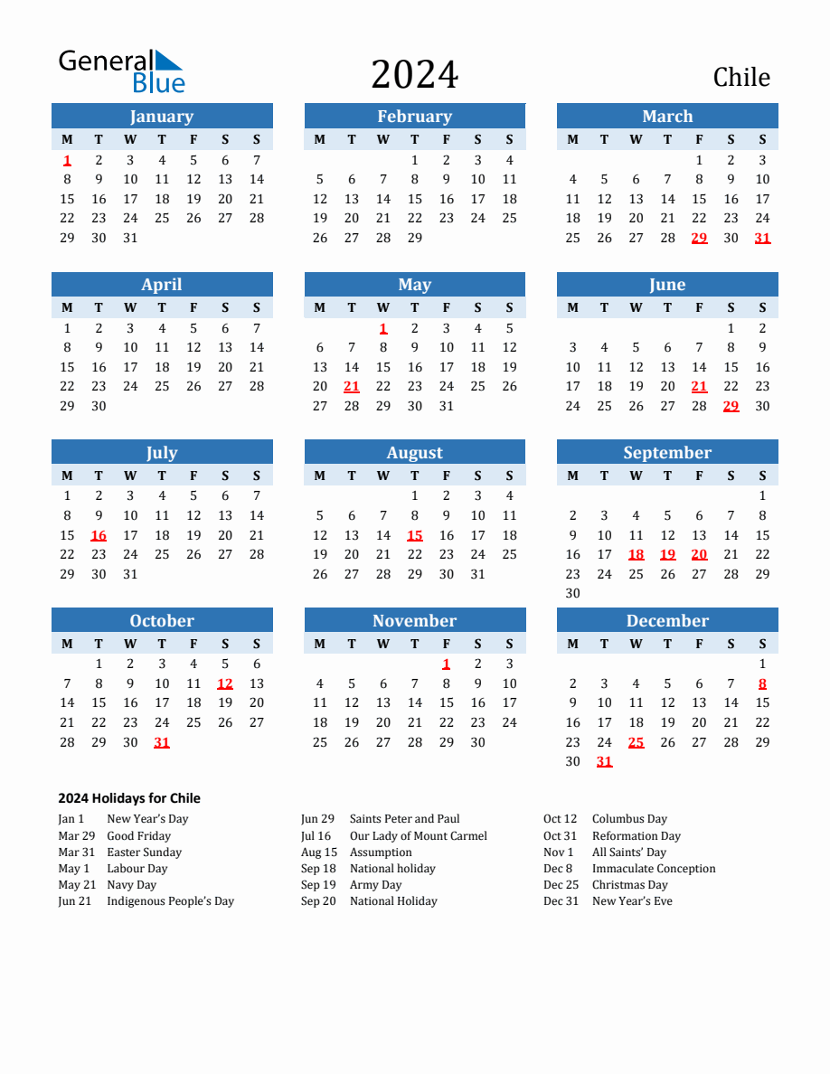 2024 Printable Calendar with Chile Holidays