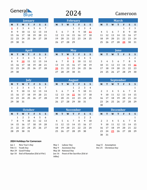 Printable Calendar 2024 with Cameroon Holidays (Monday Start)