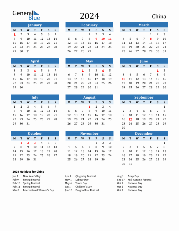 Printable Calendar 2024 with China Holidays (Monday Start)