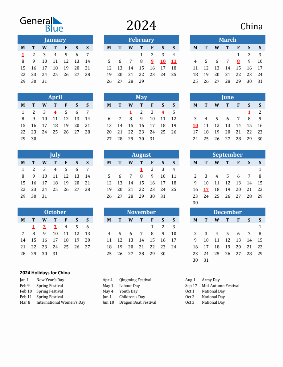 2024 Printable Calendar with China Holidays