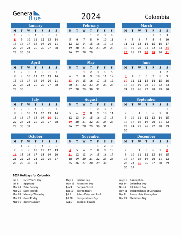 Printable Calendar 2024 with Colombia Holidays (Monday Start)