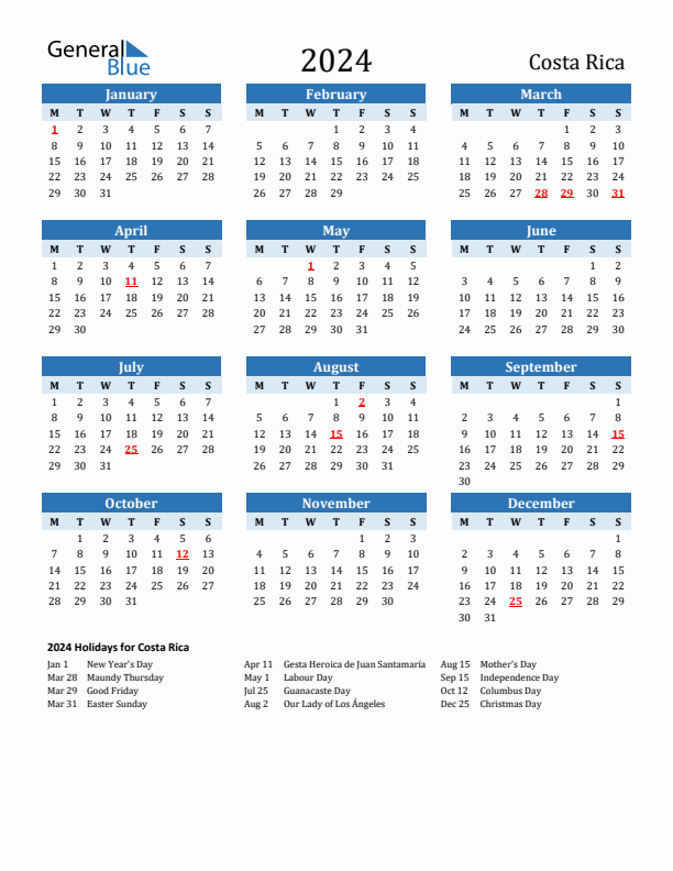 Printable Calendar 2024 with Costa Rica Holidays (Monday Start)