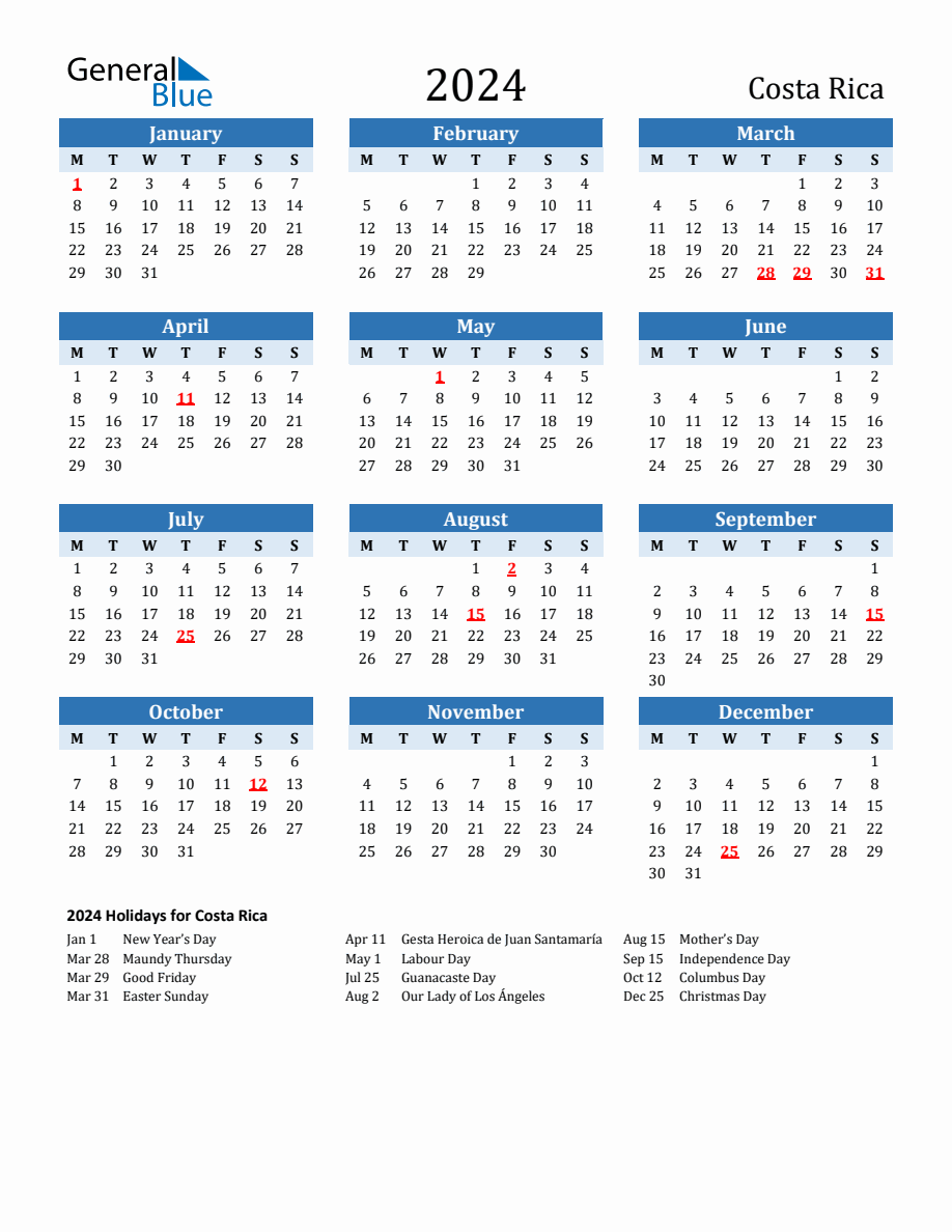 2024 Printable Calendar with Costa Rica Holidays