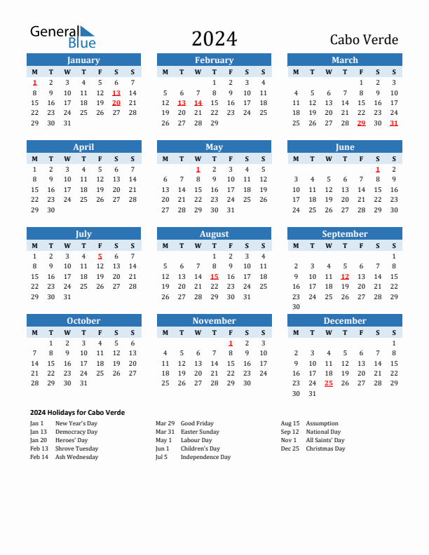 Printable Calendar 2024 with Cabo Verde Holidays (Monday Start)