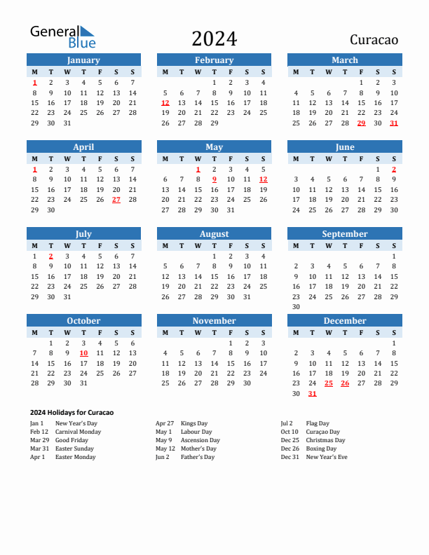Printable Calendar 2024 with Curacao Holidays (Monday Start)
