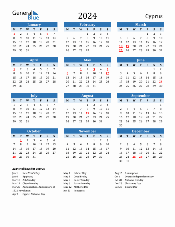 Printable Calendar 2024 with Cyprus Holidays (Monday Start)