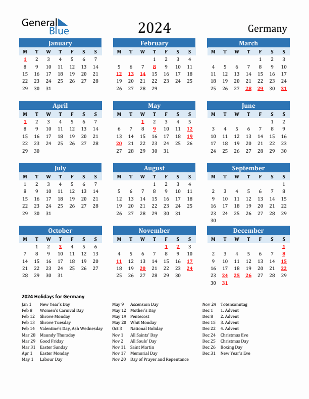 Printable Calendar 2024 with Germany Holidays (Monday Start)