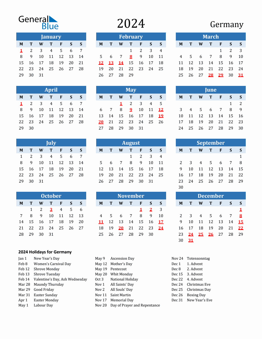 2024 Printable Calendar with Germany Holidays