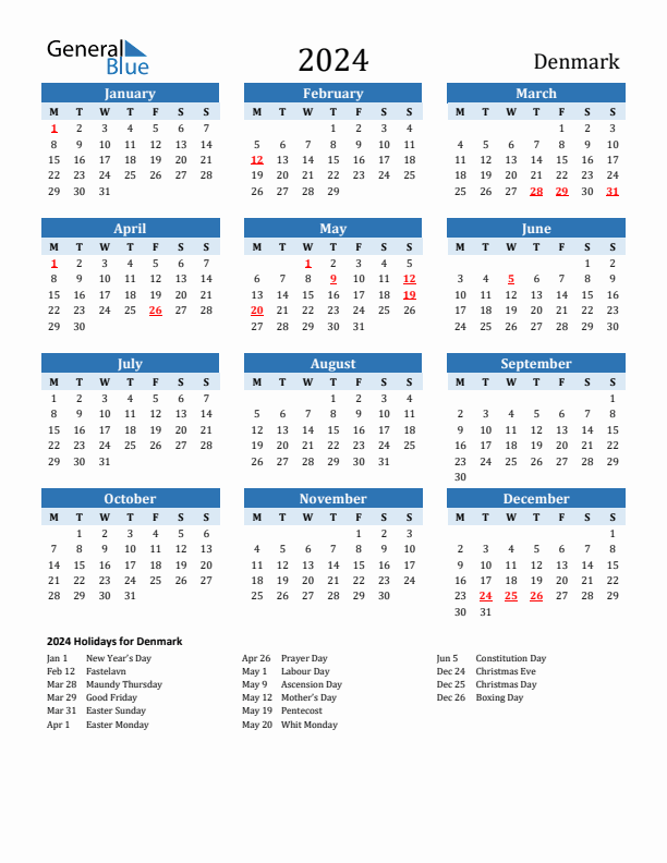 Printable Calendar 2024 with Denmark Holidays (Monday Start)