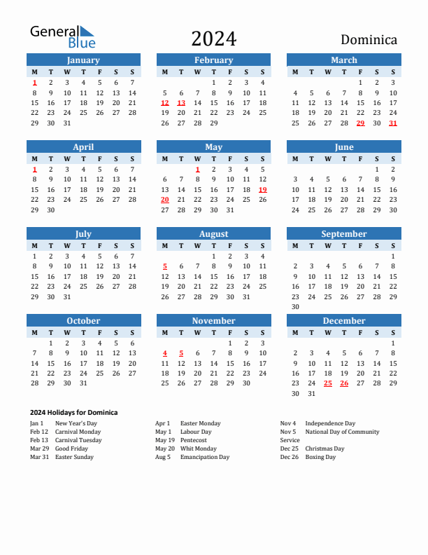 Printable Calendar 2024 with Dominica Holidays (Monday Start)